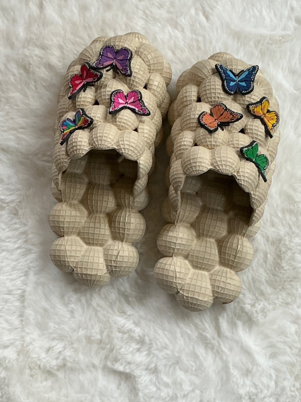 Beige Bubble Slide Sandals with Colorful Butterfly Charms